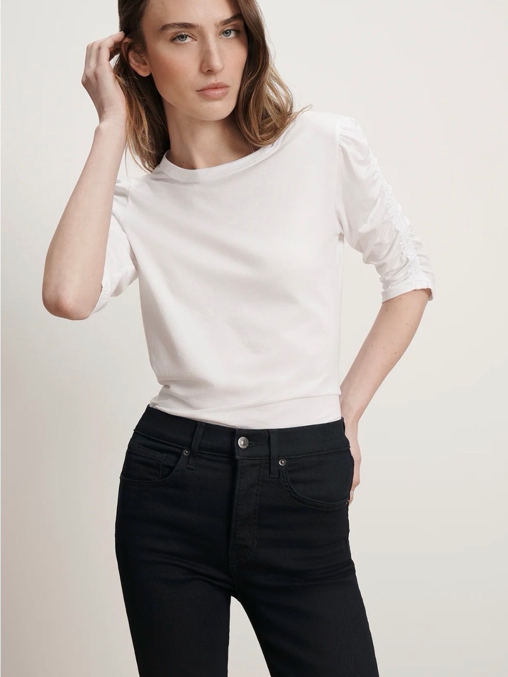 Veronica Beard Waldorf Ruched-Sleeve T-Shirt Size XL